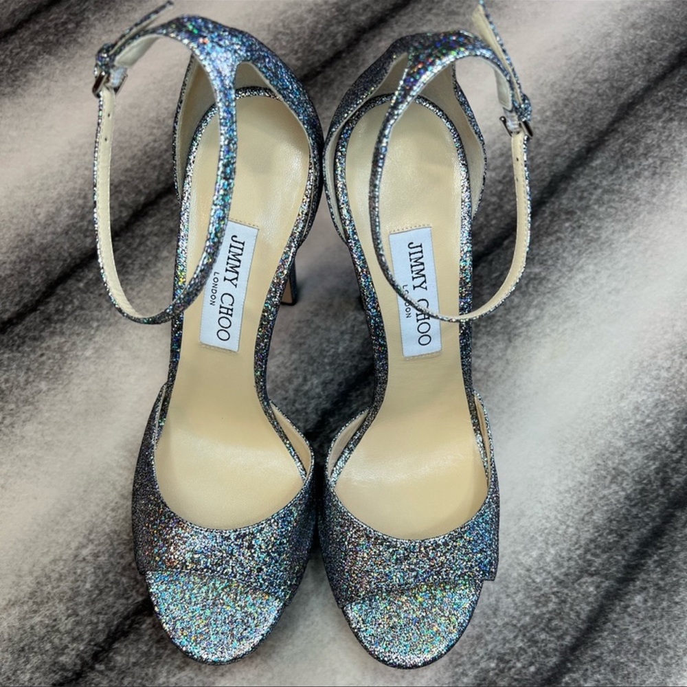 Jimmy Choo Pattie 130 Multi Hologram Leather Platform Sandal Heels - Picture 2 of 11